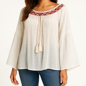 💙 Wrangler Flowy Oversized Embroidered Soft Wide Sleeve Western Boho Blouse Siz